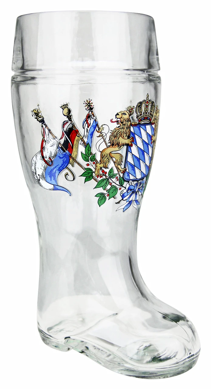 Bavarian Lion Crest Glass Beer Boot 1 Liter