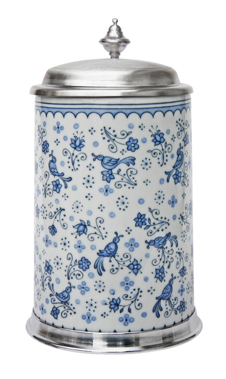 Zimmermann Birds And Flowers Porcelain Beer Stein With Pewter Footed Base