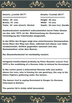 King Limitaet 2017 | Defending The Homeland Handpainted Beer Stein -German Beer Steins Sales Store Certificate Back Limitaet 2017 70180.1486055355