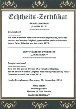 King Limitaet 2017 | Defending The Homeland Handpainted Beer Stein -German Beer Steins Sales Store Certificate Front Limitaet 2017 07447.1486055349