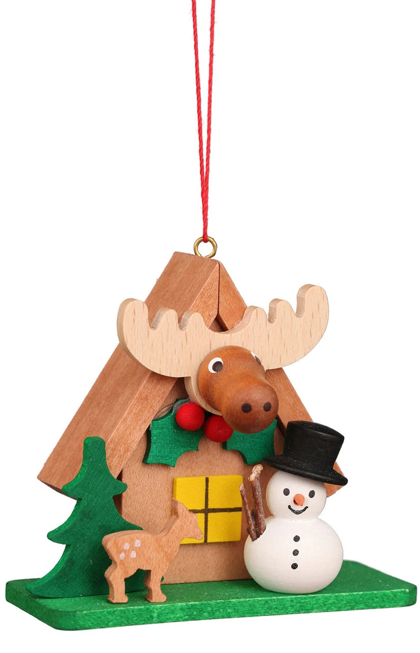 Elk House With Snowman Wooden German Christmas Ornament 1 Elk House With Snowman Wooden German Christmas Ornament