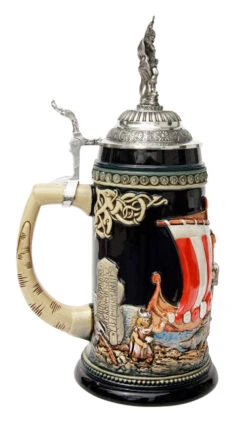 Leif Erikssen Viking Beer Stein With Viking Lid -German Beer Steins Sales Store Leif Erikssen Viking Beer Stein with Viking Lid K1011BLV LS SM 62604.1417531444