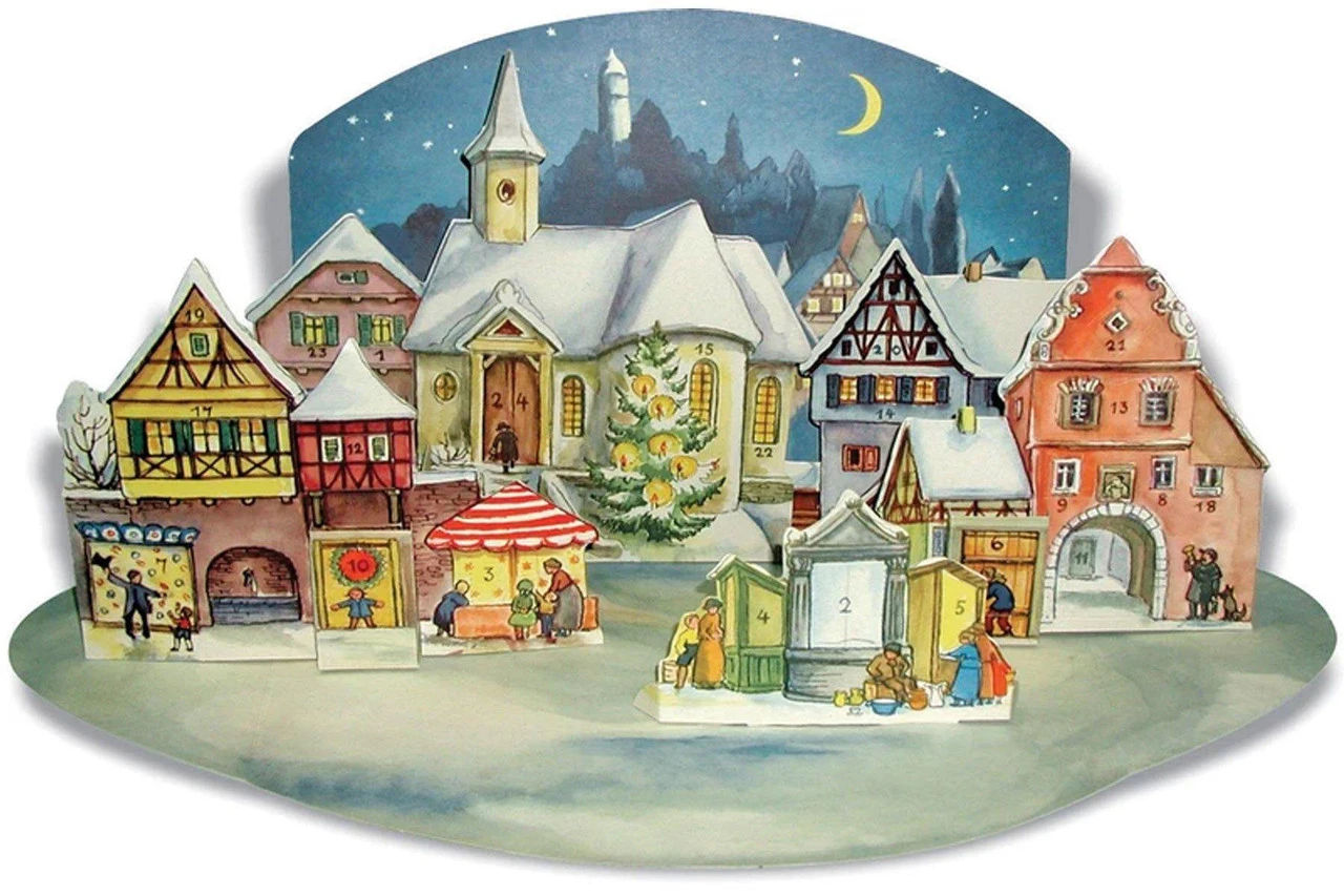 Moonlit Village Christmas Market 1955 Reproduction 3D German Advent Calendar 1 Moonlit Village Christmas Market 1955 Reproduction 3D German Advent Calendar