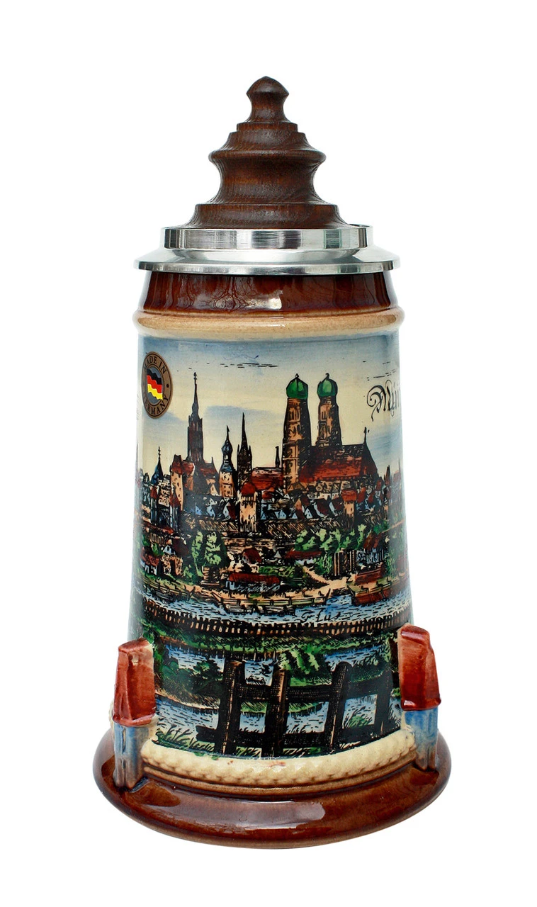Old Munich Beer Stein With Wood Lid 1 Old Munich Beer Stein With Wood Lid