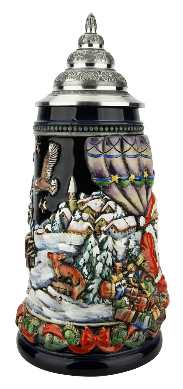 Santa In Balloon German Christmas Beer Stein | Blue Finish - Image 3