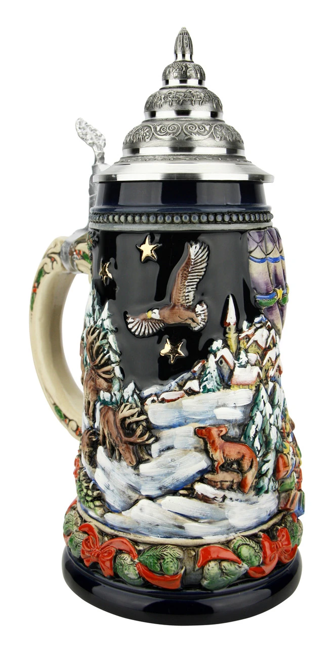 Santa In Balloon German Christmas Beer Stein | Blue Finish - Image 4