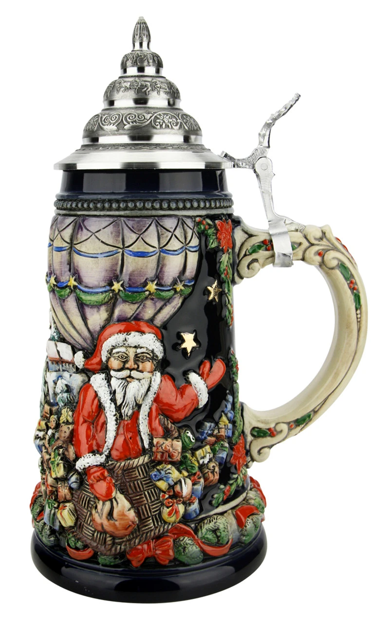 Santa In Balloon German Christmas Beer Stein | Blue Finish
